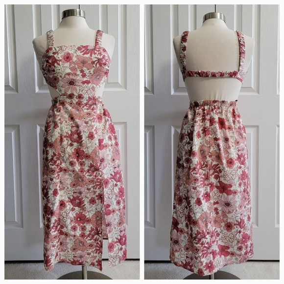 Forever 21 Floral Print Cutout Midi Dress Square Neck Women’s Small - Picture 2 of 6